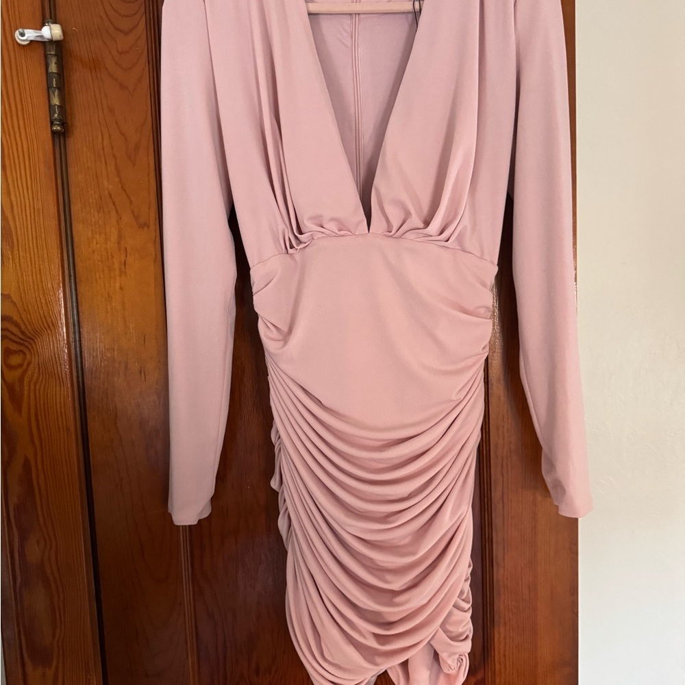 House of CB Blush Pink Gigiana Plunge Ruched Mini Dress - Picture 3 of 7